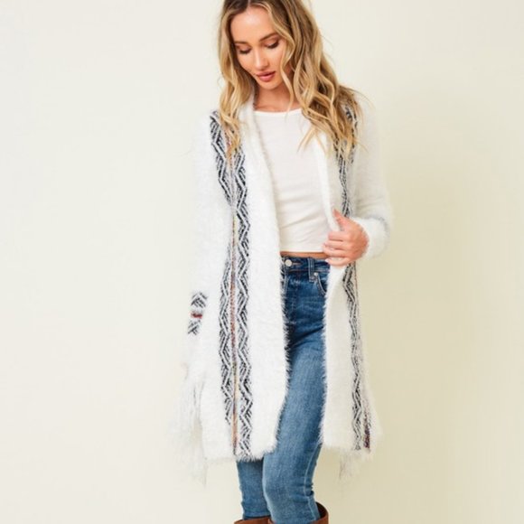 NEW ON BLUE AZTEC SOUTHWESTERN sweater drape cardigan fringe white soft Sm-3XL - Picture 5 of 9